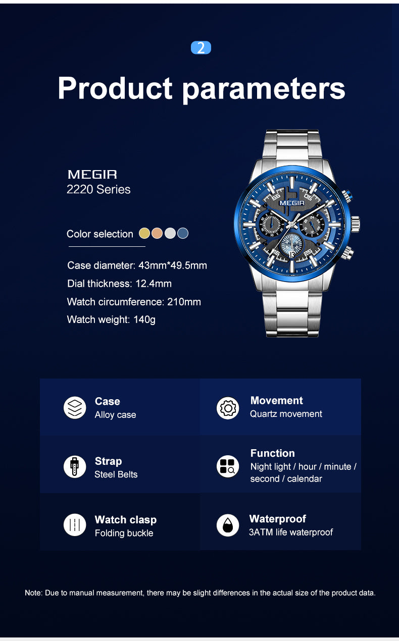 MEGIR Luxury Watch Mens Business Watches Calendar Stainless Steel Quartz Wrist Watch Clock Casual Chronograph Relogio Masculino-7