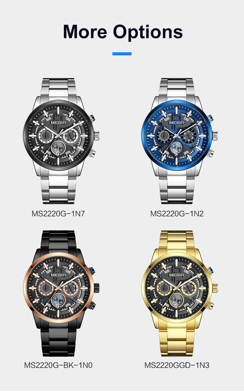 MEGIR Luxury Watch Mens Business Watches Calendar Stainless Steel Quartz Wrist Watch Clock Casual Chronograph Relogio Masculino-8
