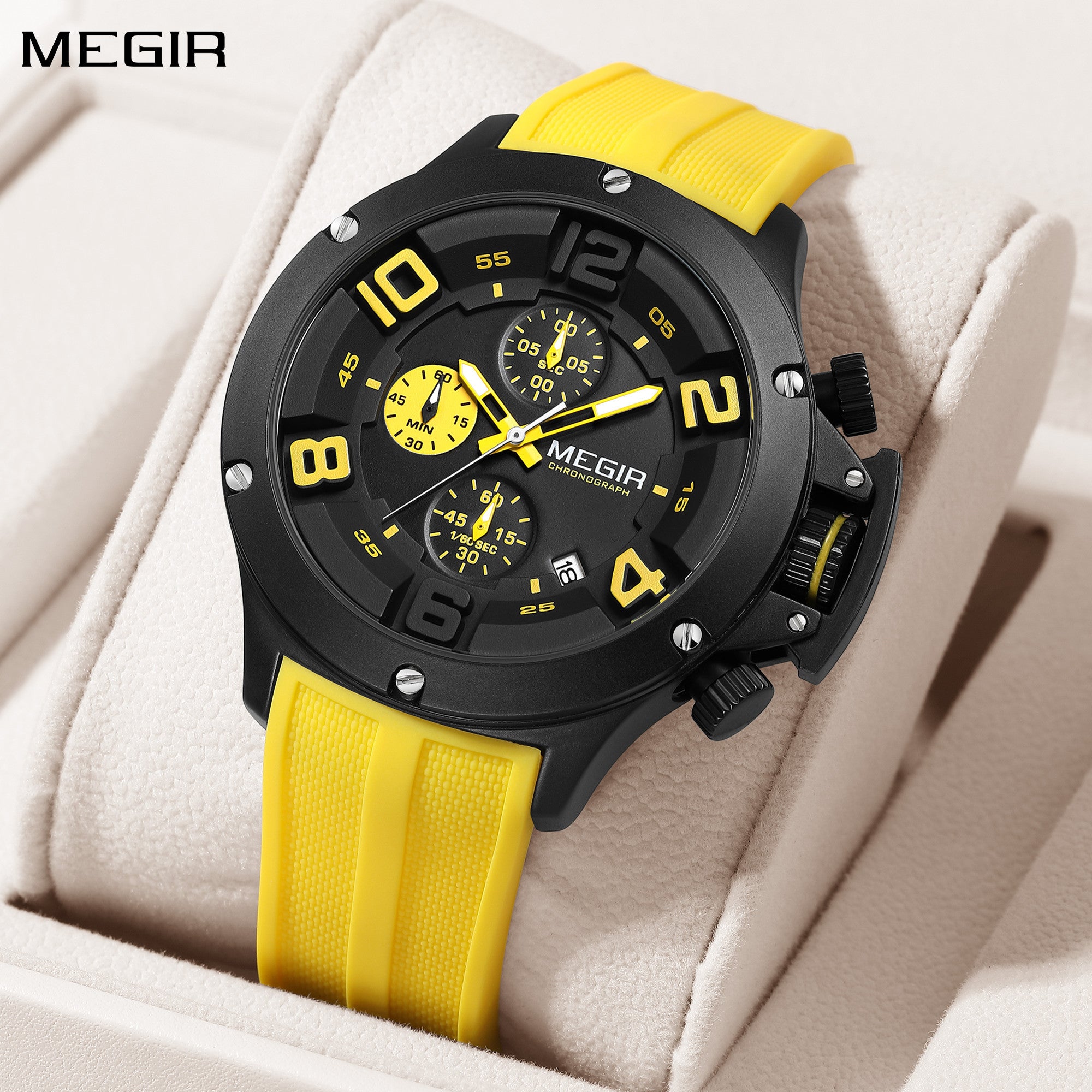 MEGIR Relogio Masculino Luxury Quartz Watch for Men Yellow Silicone Strap Military Sport WristWatch Chronograph with Auto Date-0