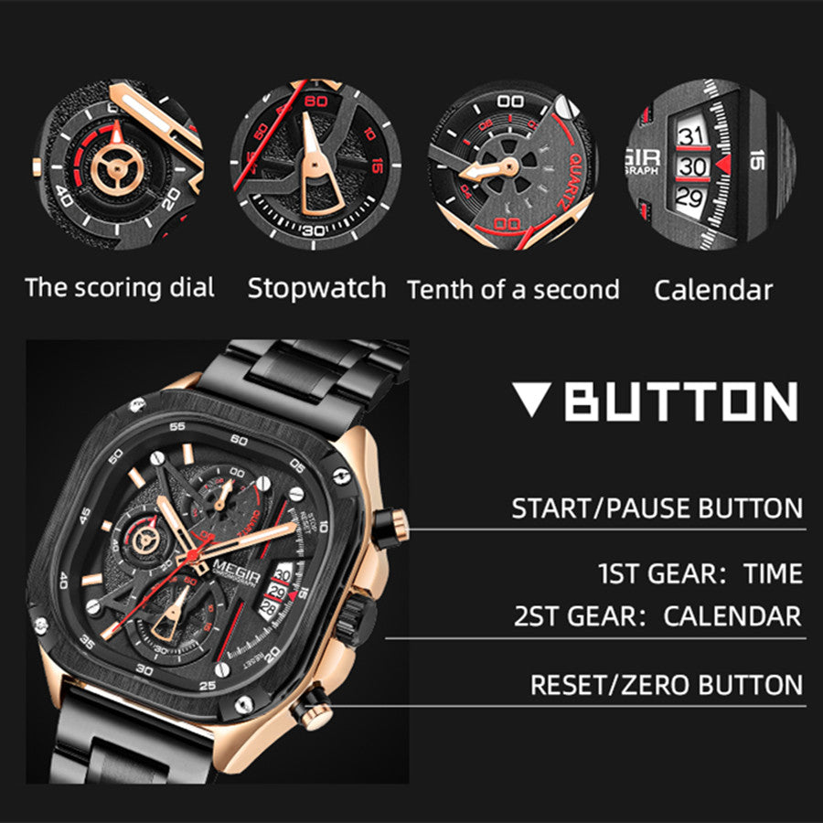 MEGIR Luxury Mens Stainless Steel Watches Fashion Brand Business Quartz Wristwatch Date Luminous Man Chronograph Casual Clock-12
