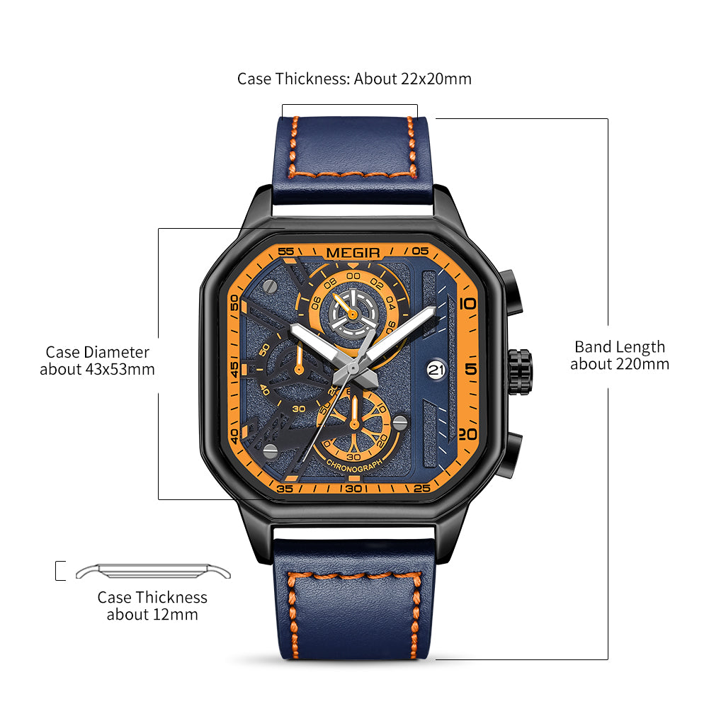 MEGIR Fashion Men's Squre Sport Watch Quartz Chronograph Luminous Military WristWatches Leather Luminous Date Clock Reloj Hombre-9