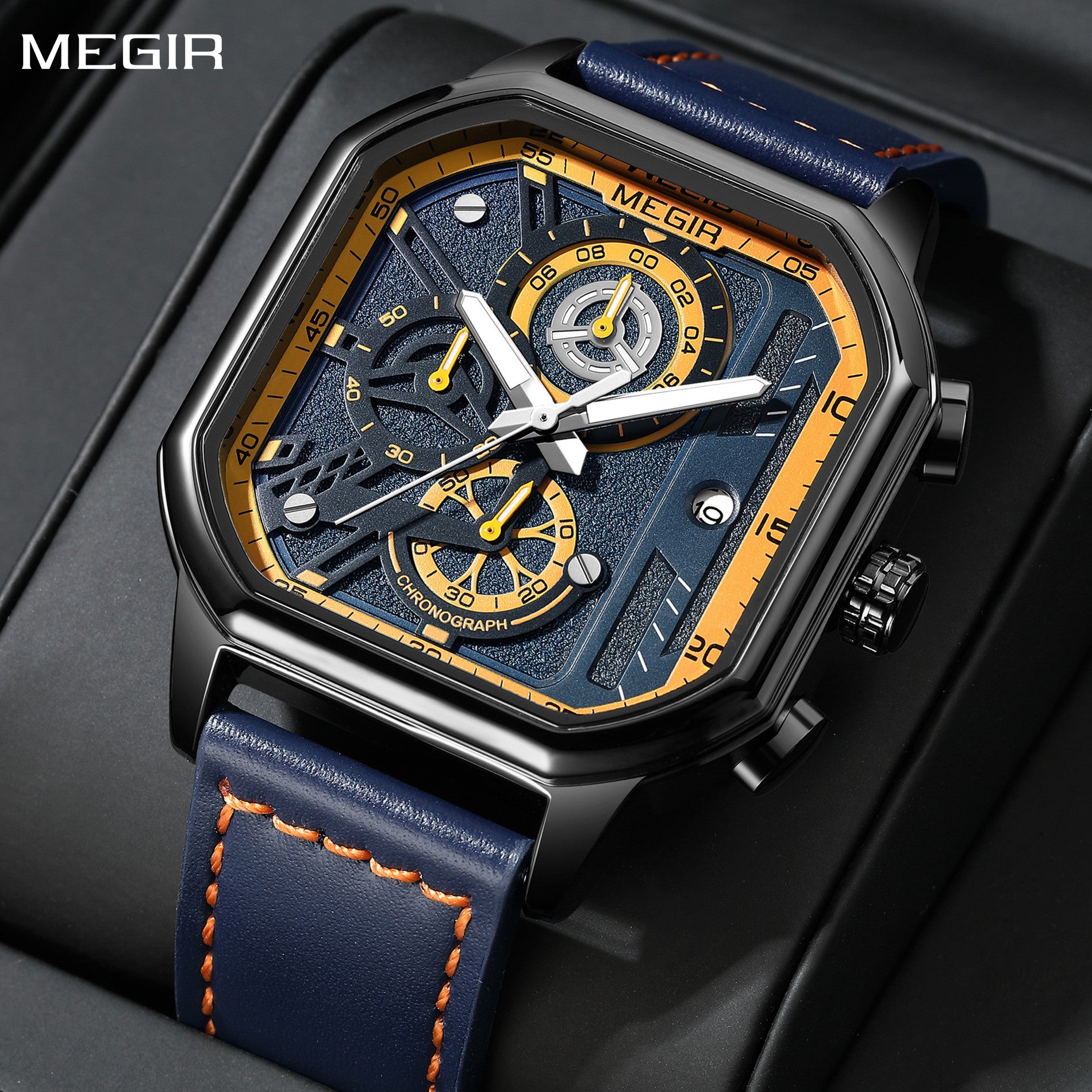 MEGIR Fashion Men's Squre Sport Watch Quartz Chronograph Luminous Military WristWatches Leather Luminous Date Clock Reloj Hombre-0