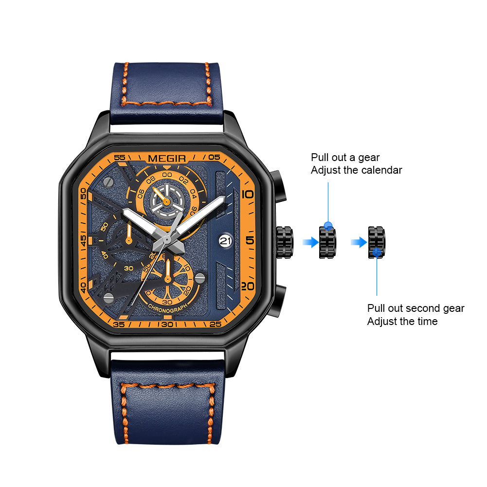 MEGIR Fashion Men's Squre Sport Watch Quartz Chronograph Luminous Military WristWatches Leather Luminous Date Clock Reloj Hombre-8