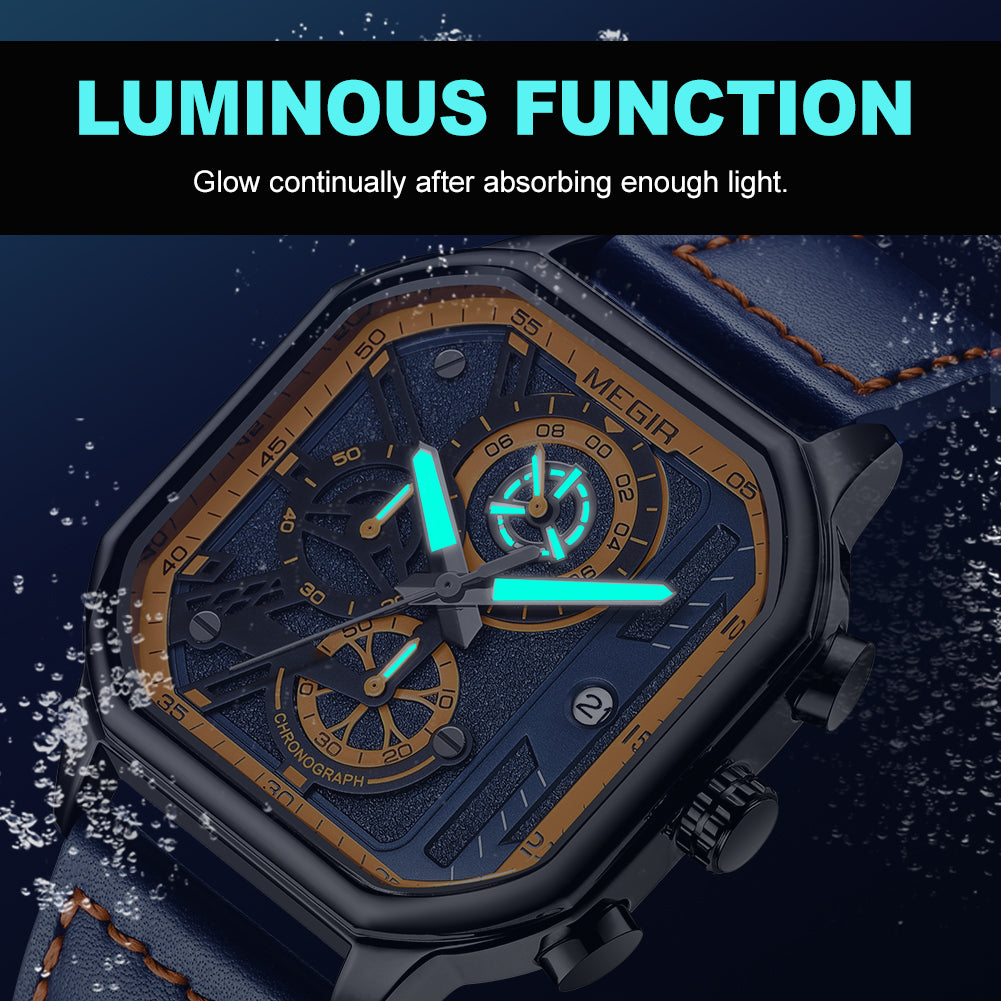 MEGIR Fashion Men's Squre Sport Watch Quartz Chronograph Luminous Military WristWatches Leather Luminous Date Clock Reloj Hombre-6