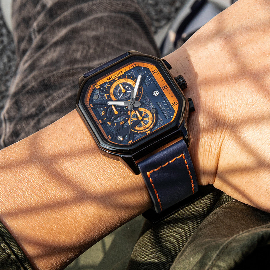 MEGIR Fashion Men's Squre Sport Watch Quartz Chronograph Luminous Military WristWatches Leather Luminous Date Clock Reloj Hombre-1