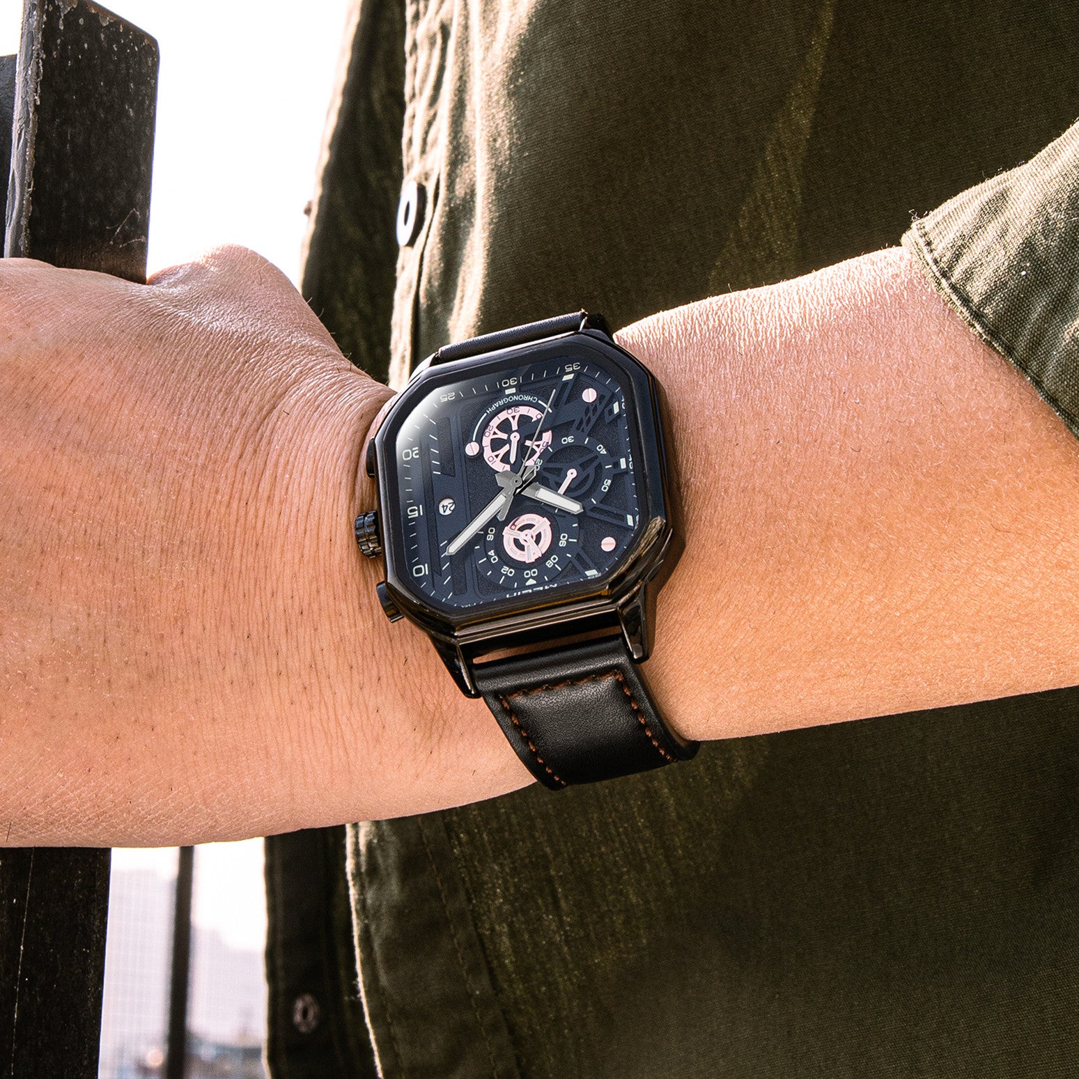 MEGIR Fashion Men's Squre Sport Watch Quartz Chronograph Luminous Military WristWatches Leather Luminous Date Clock Reloj Hombre-3