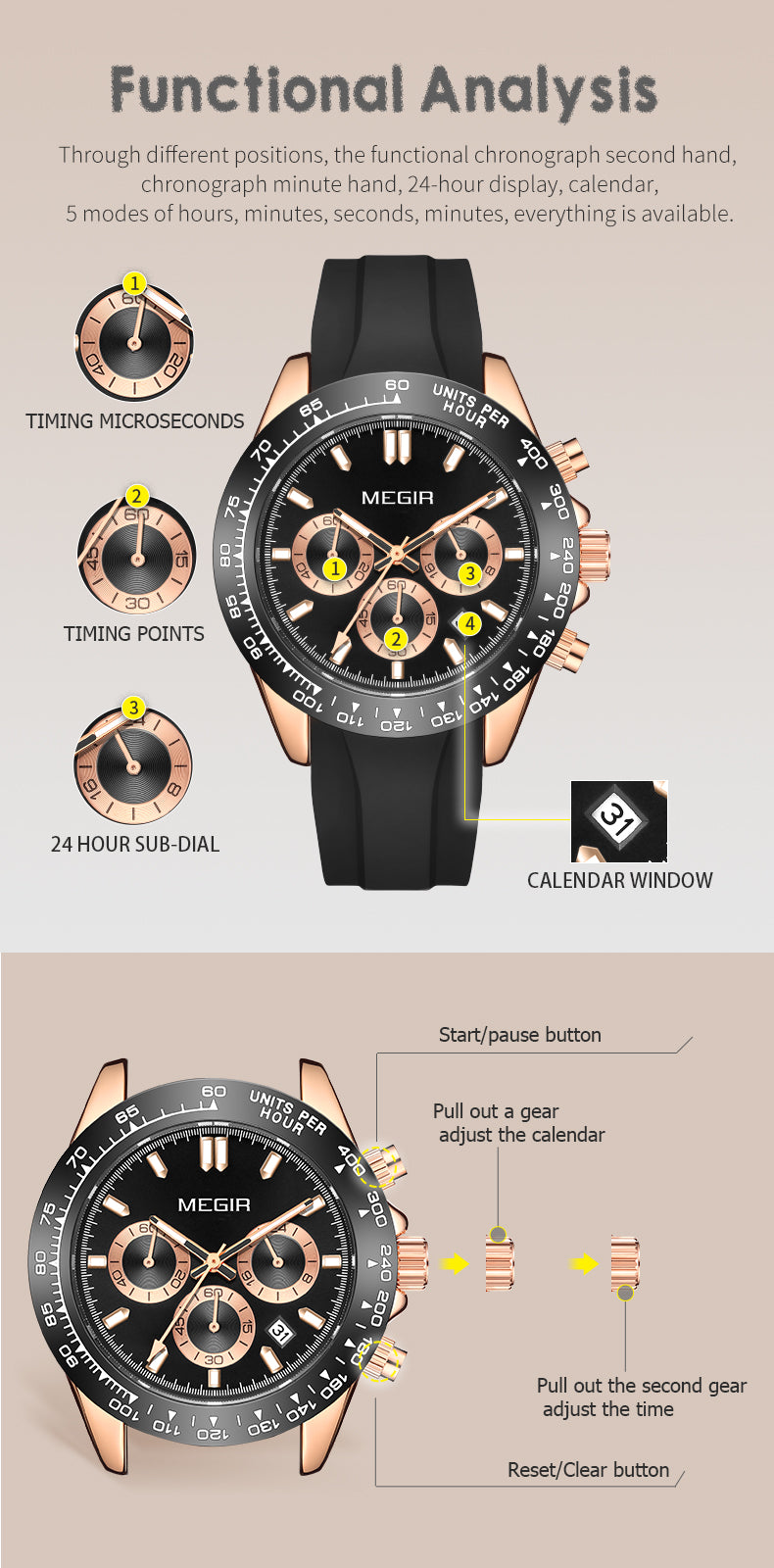 MEGIR Sports Mens Watches Top Brand Men Luxury Military Quartz Watch Silicone Luminous Chronograph Man Clock Wrist Watch 8104-11