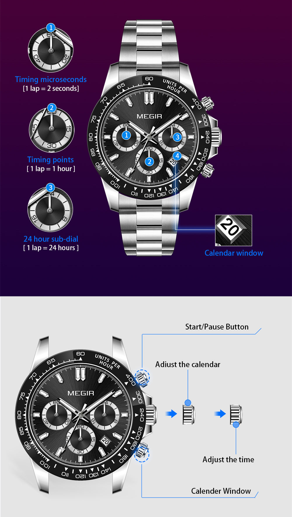 MEGIR Fashion Men Business Watches Stainless Steel Quartz Watch Top Brand Luxury Casual Wristwatch Waterproof Clock Reloj Hombre-4