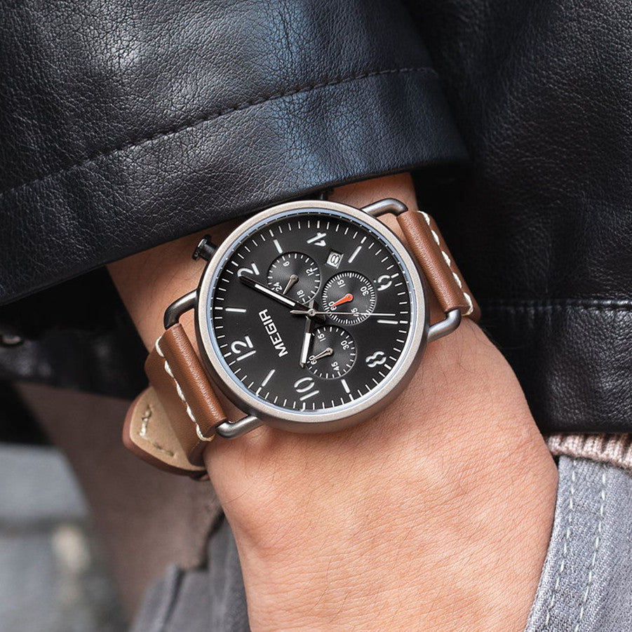 MEGIR Fashion Mens Watches Luxury Sport Quartz Wrist Watch Steel Mesh Business Casual Watches Calendar Leather Band Man Clock-3