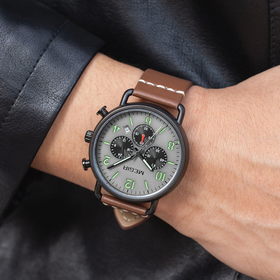 MEGIR Fashion Mens Watches Luxury Sport Quartz Wrist Watch Steel Mesh Business Casual Watches Calendar Leather Band Man Clock-1