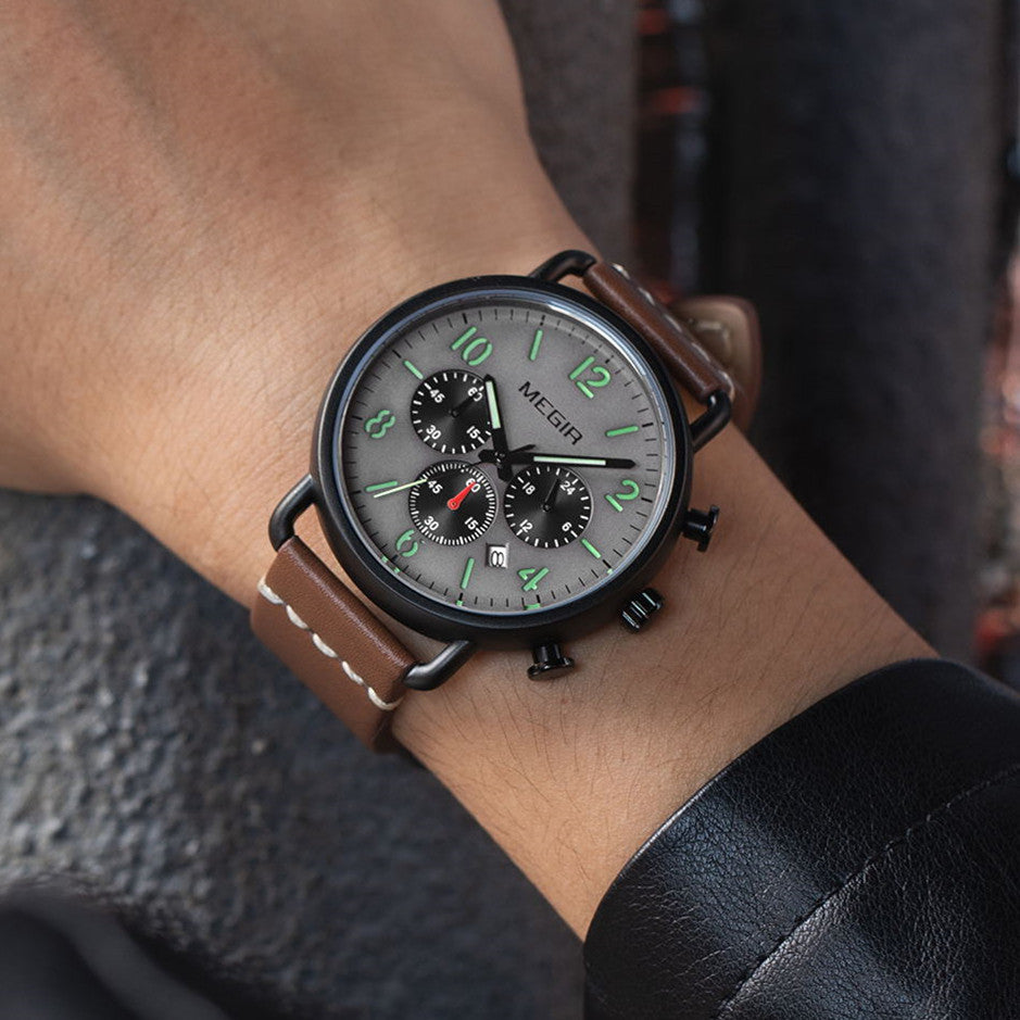 MEGIR Fashion Mens Watches Luxury Sport Quartz Wrist Watch Steel Mesh Business Casual Watches Calendar Leather Band Man Clock-2