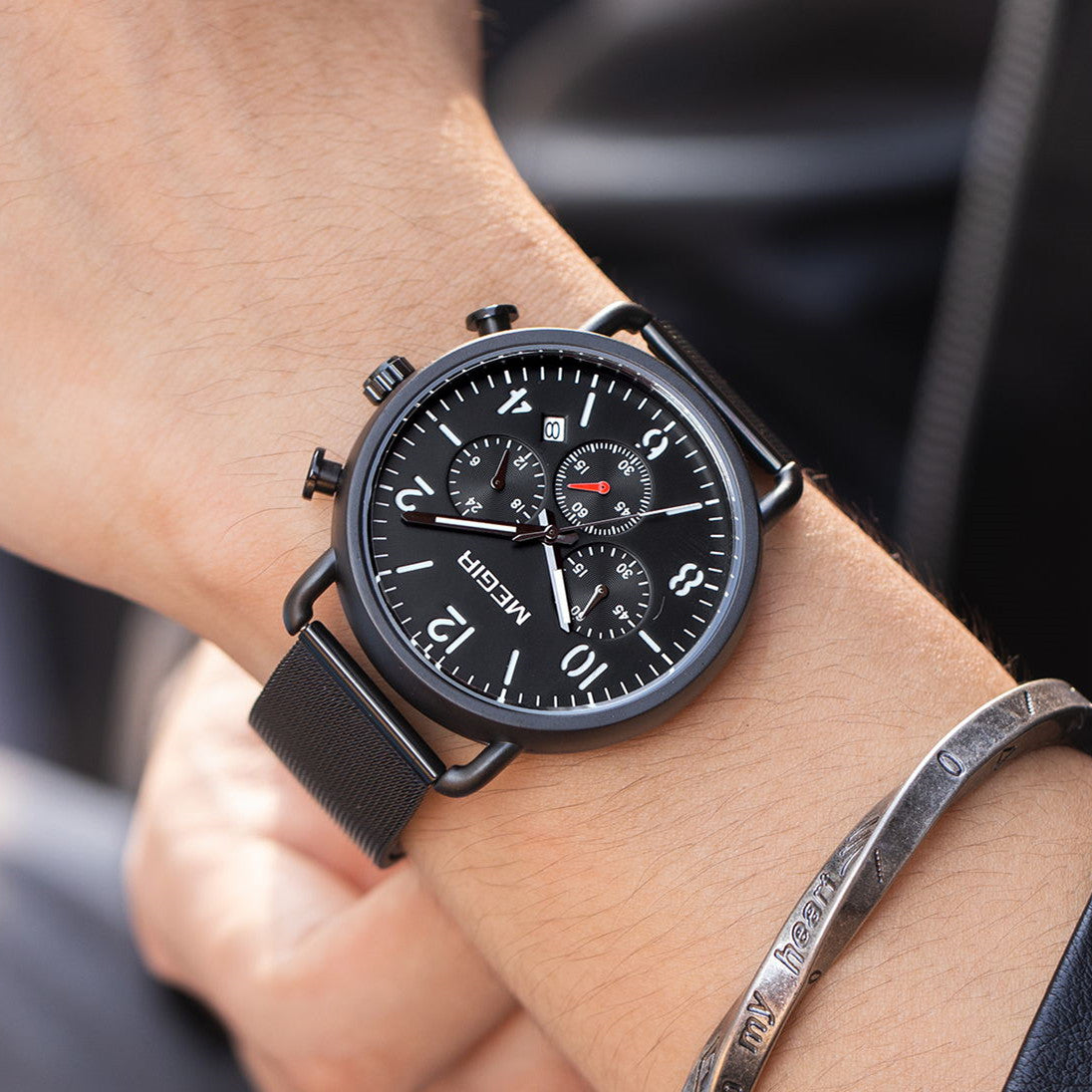 MEGIR Fashion Mens Watches Luxury Sport Quartz Wrist Watch Steel Mesh Business Casual Watches Calendar Leather Band Man Clock-4