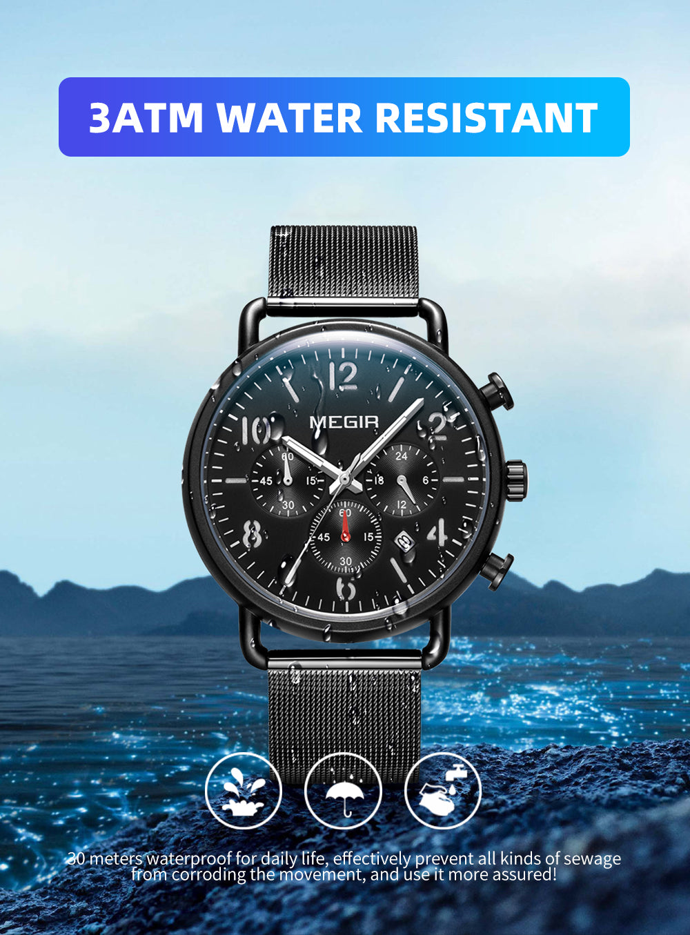 MEGIR Fashion Mens Watches Luxury Sport Quartz Wrist Watch Steel Mesh Business Casual Watches Calendar Leather Band Man Clock-12