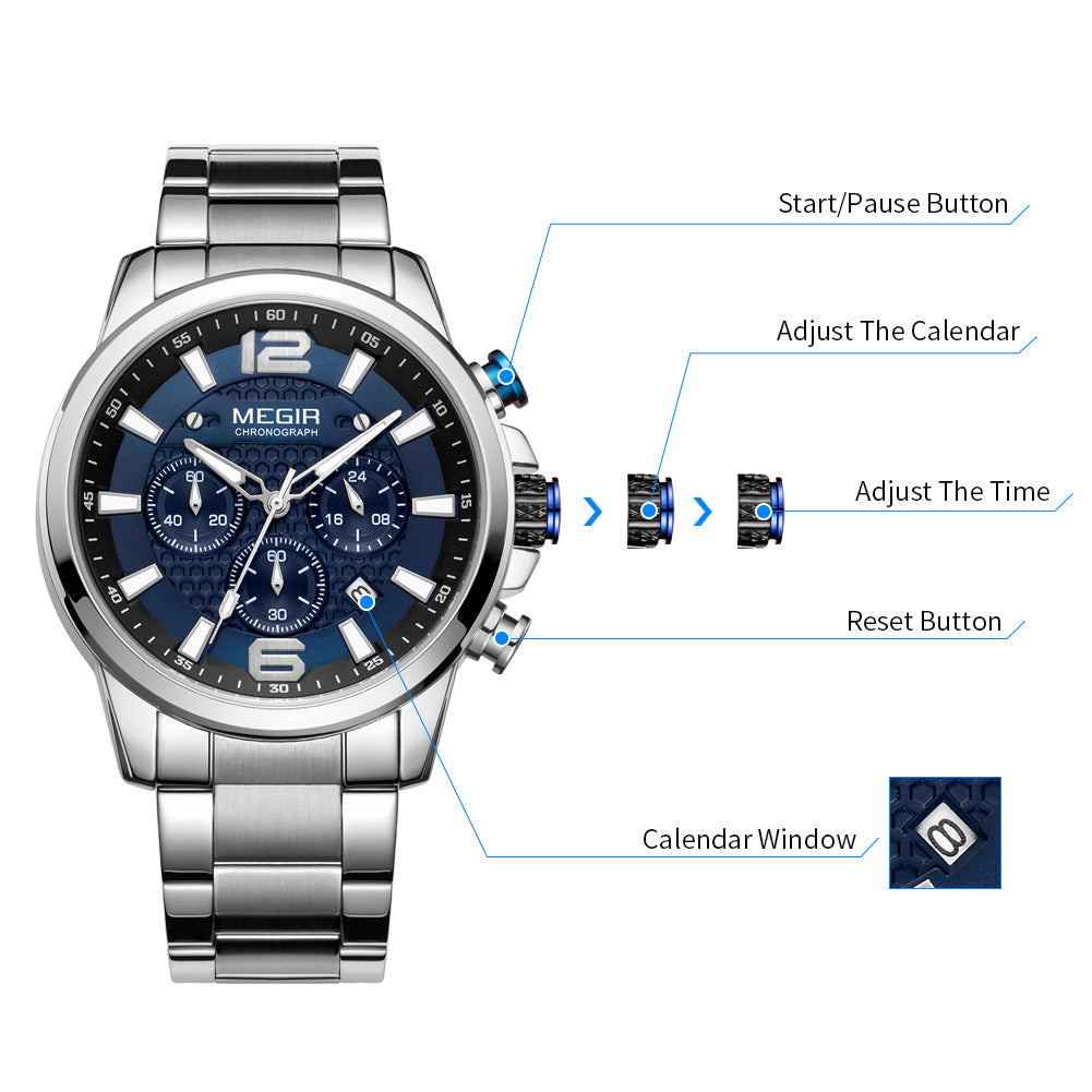 MEGIR Men's Quartz Wrist Watch Stainless Steel Band Chronograph Watches Luminous Waterproof Wristwatch Man Clock Military Watch-11