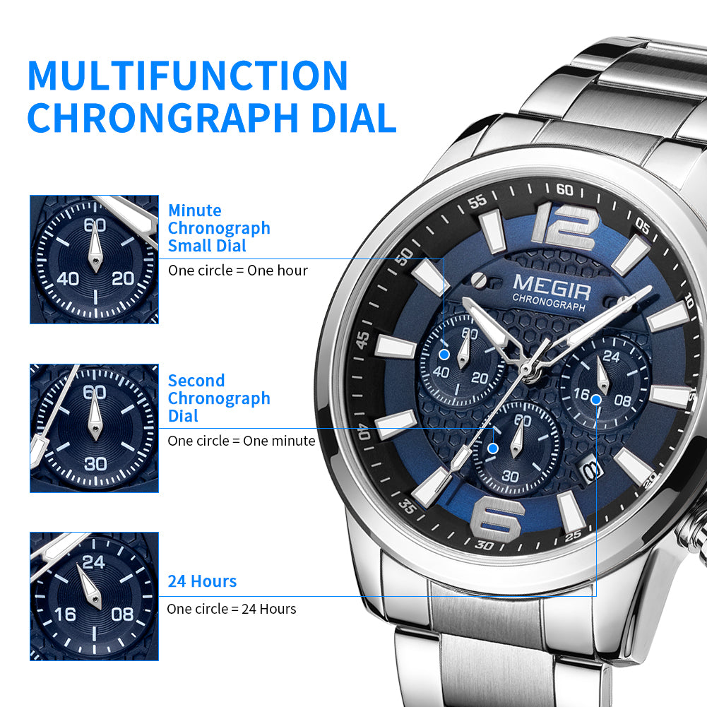 MEGIR Men's Quartz Wrist Watch Stainless Steel Band Chronograph Watches Luminous Waterproof Wristwatch Man Clock Military Watch-10
