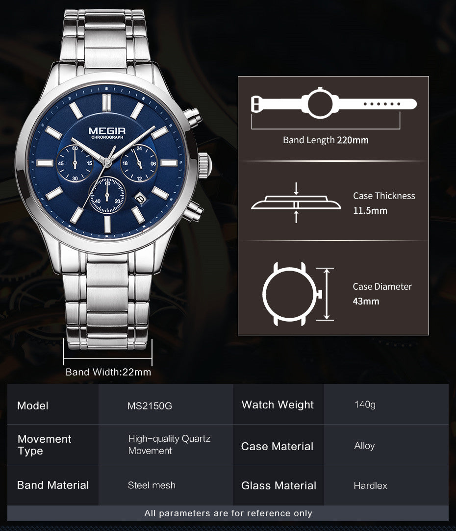 MEGIR Stainless Steel Waterproof Wrist Watches for Men Luminous Chronograph Business Quartz Men's Casual Clock Reloj Hombre-5