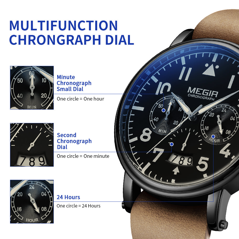 MEGIR Fashion Mens Watches Leather Military Sport Watch Chronograph Luminous Waterproof Quartz Wristwatch Man Clock Reloj Hombre-5