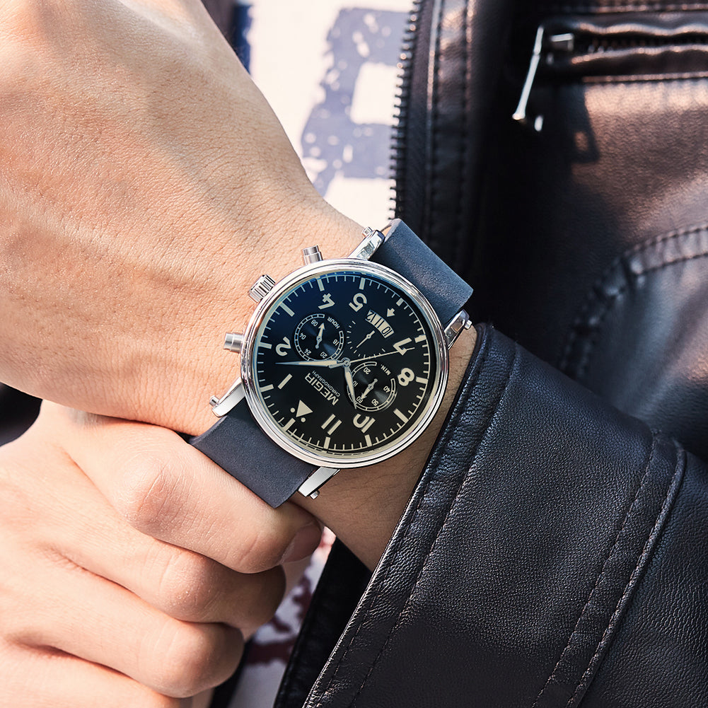 MEGIR Fashion Mens Watches Leather Military Sport Watch Chronograph Luminous Waterproof Quartz Wristwatch Man Clock Reloj Hombre-1