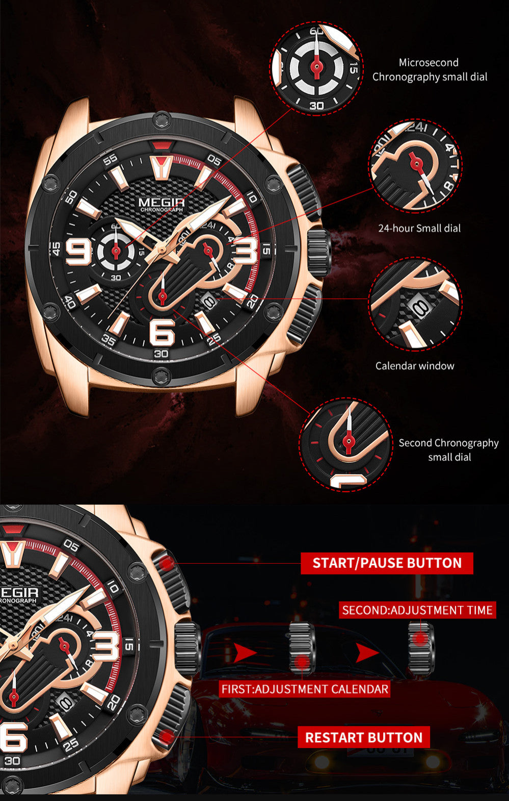 MEGIR Mens Watches Top Brand Luxury Silicone Sports Military Watch Waterproof Quartz Clock Men Chronograph Man Wristwatch 2147-6