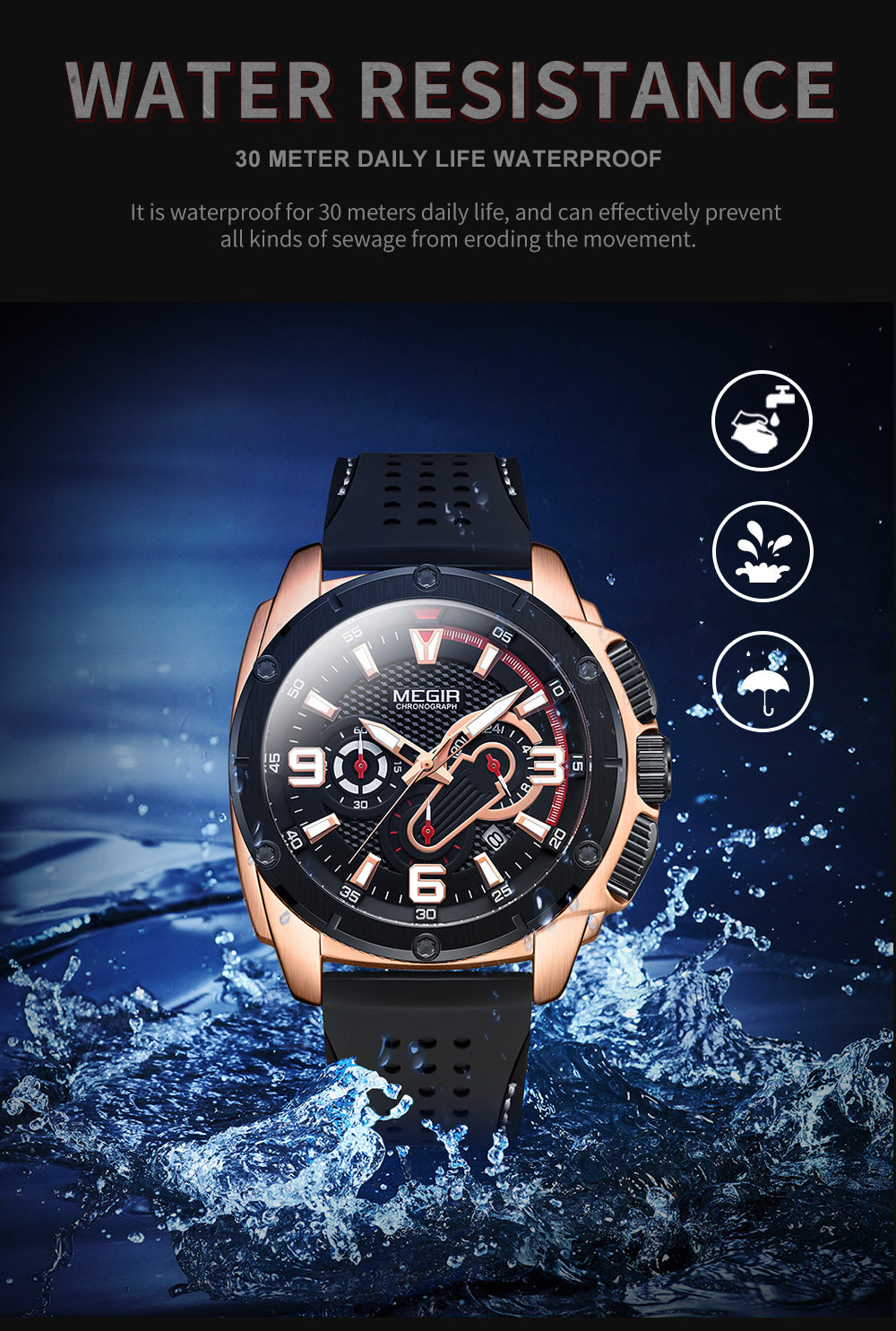 MEGIR Mens Watches Top Brand Luxury Silicone Sports Military Watch Waterproof Quartz Clock Men Chronograph Man Wristwatch 2147-7