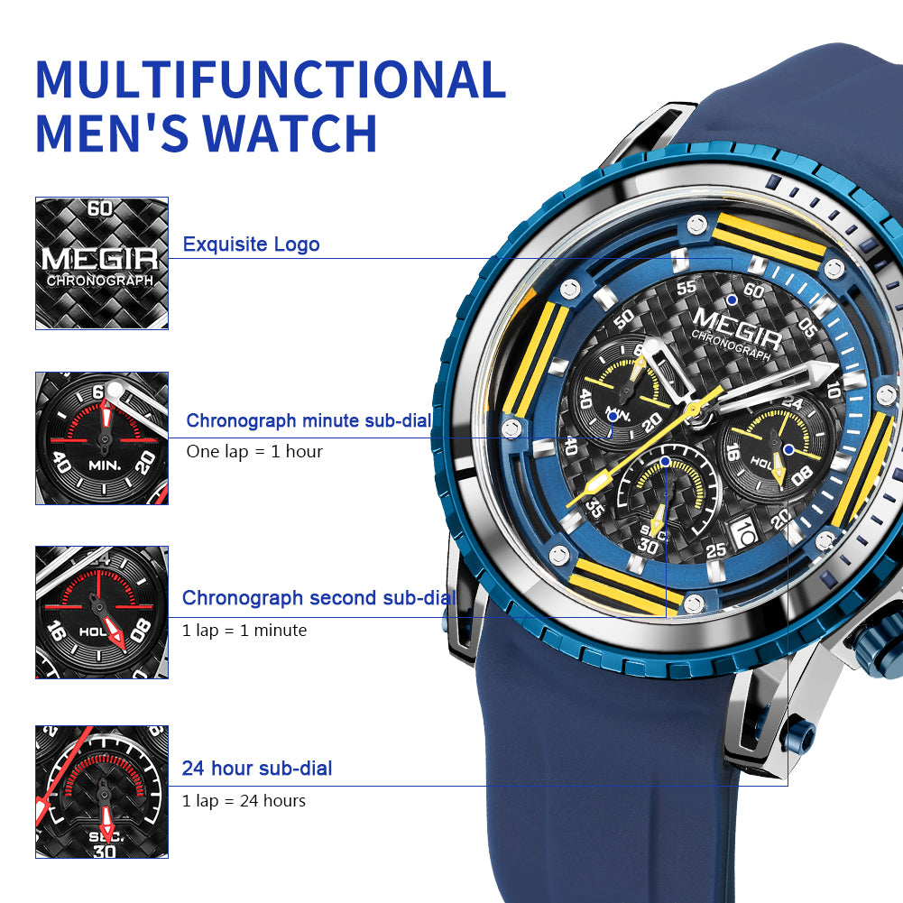 MEGIR Men's Sports Military Watches Fashion Luxury Quartz Wristwatch Silicone Strap Waterproof Chronograph Luminous Male Clock-4