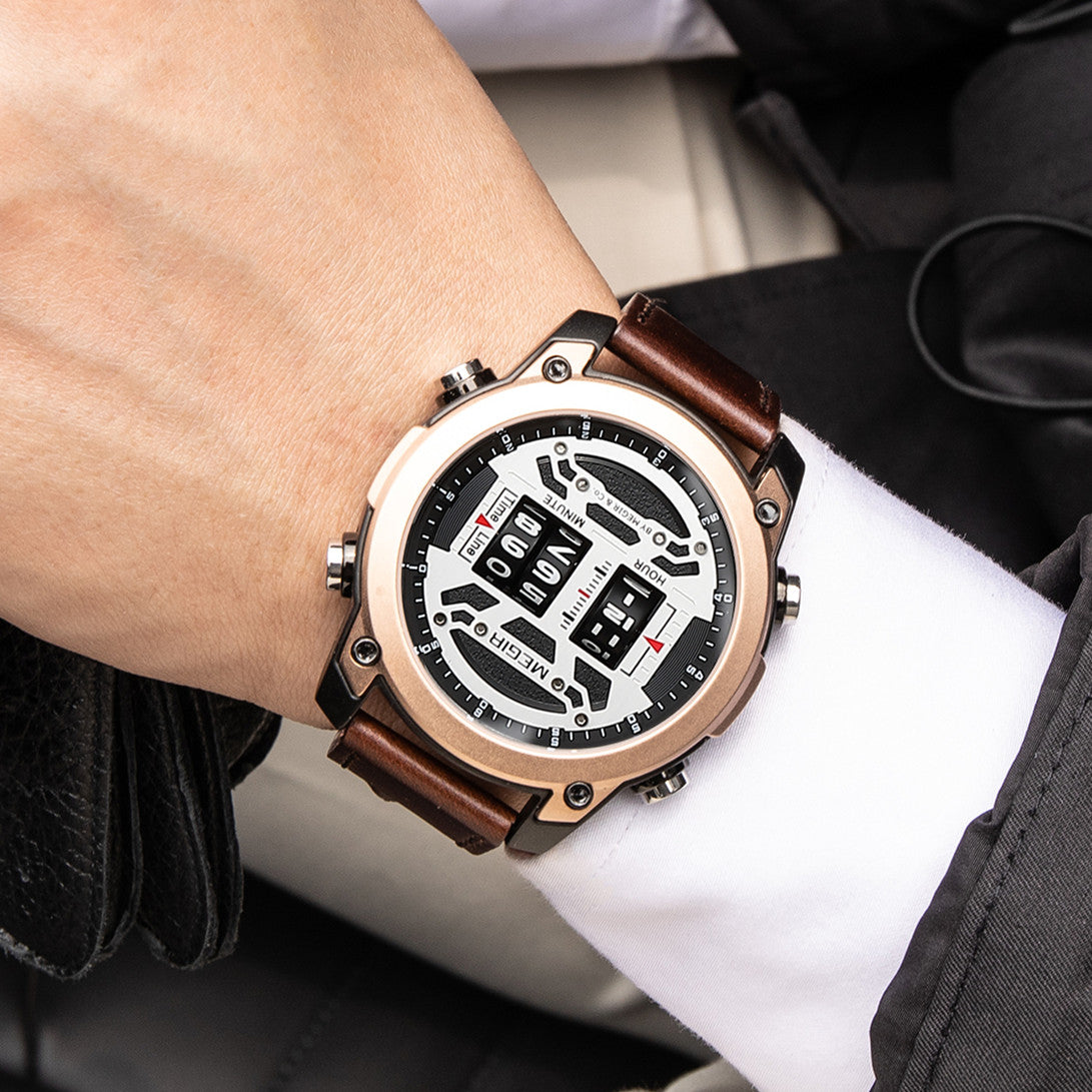 MEGIR Men's Watch Roller Business Casual Wristwatch Leather Fashion Sports Quartz Watch Chronograph Waterproof Male Clock 2142-1