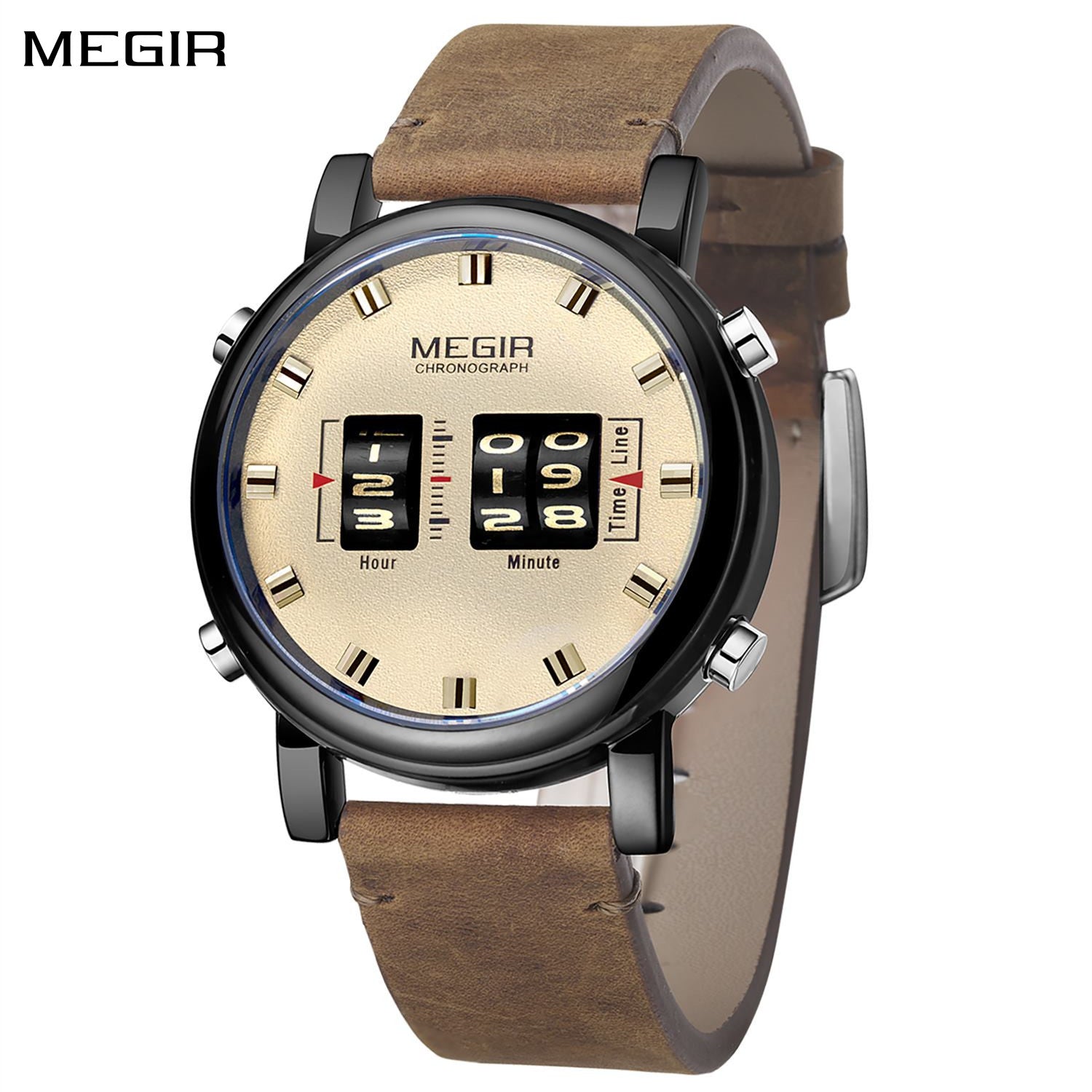 MEGIR Roller Pointer Watches for Men Fashion Luxury Military Sport Watch Leather Strap Quartz Wristwatch Clock Relogio Mascilino-0