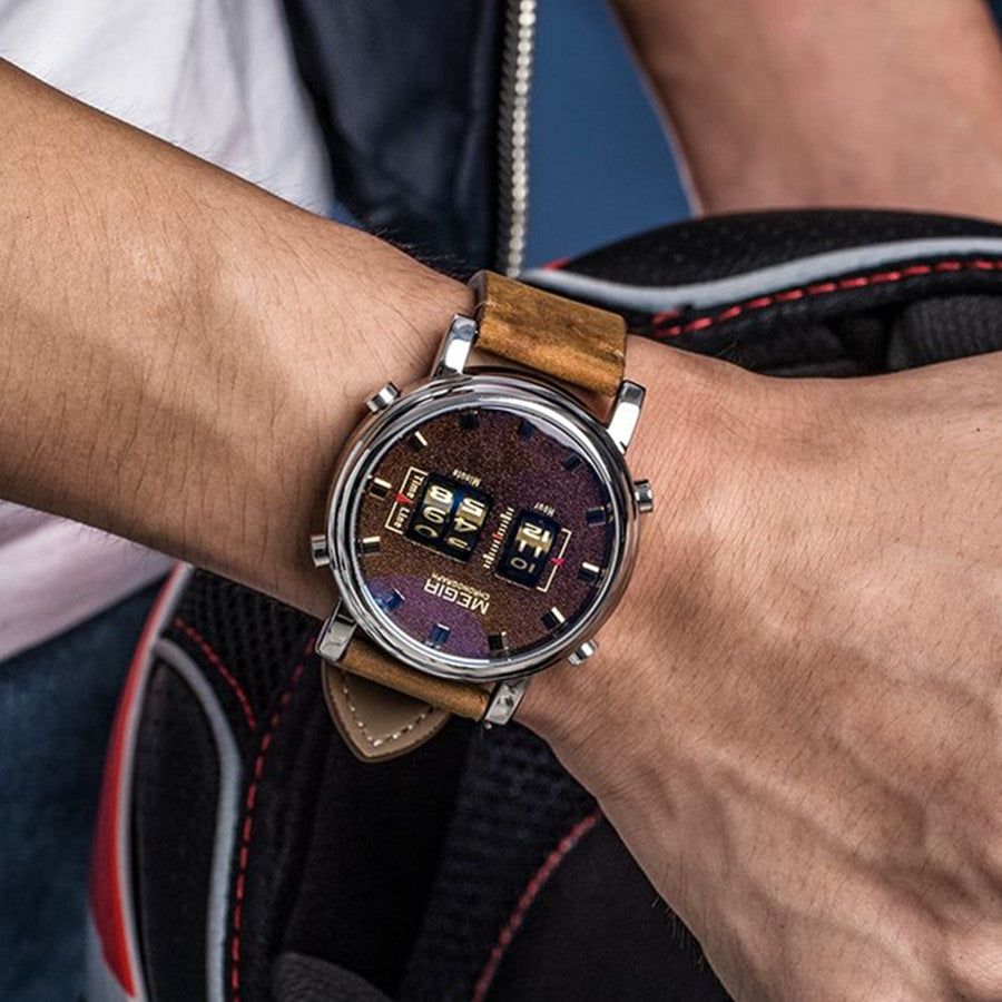 MEGIR Roller Pointer Watches for Men Fashion Luxury Military Sport Watch Leather Strap Quartz Wristwatch Clock Relogio Mascilino-3