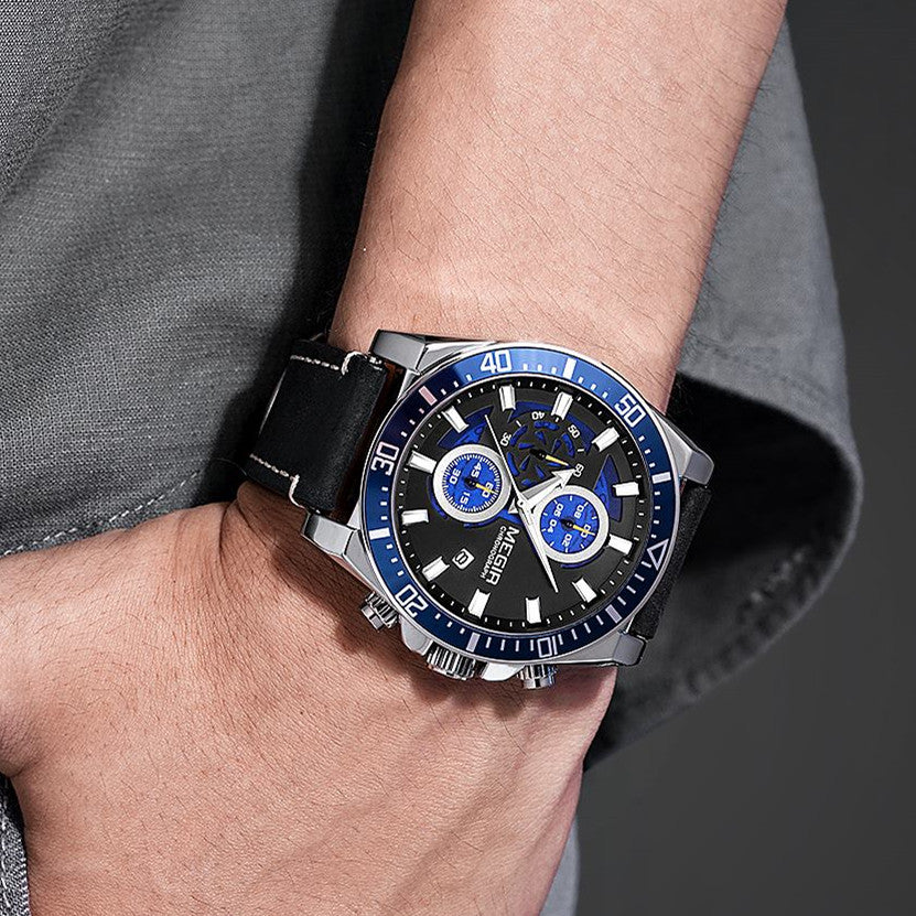 MEGIR Fashion Watches for Men Leather Strap Sport Military Wristwatch Man Quartz Watch Waterproof Chronograph with Calendar 2132-3
