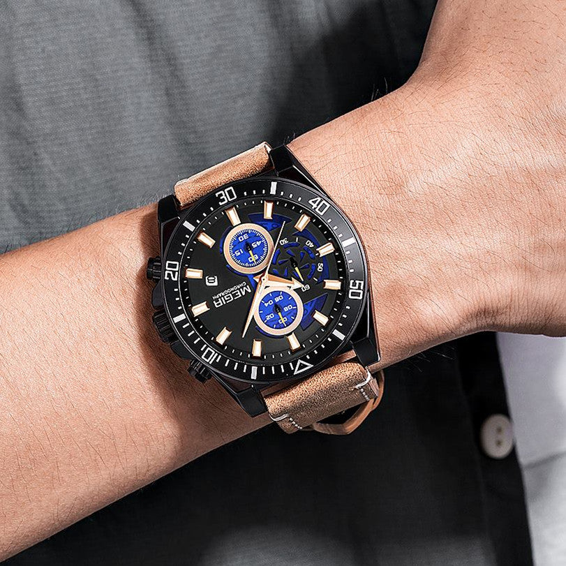 MEGIR Fashion Watches for Men Leather Strap Sport Military Wristwatch Man Quartz Watch Waterproof Chronograph with Calendar 2132-2