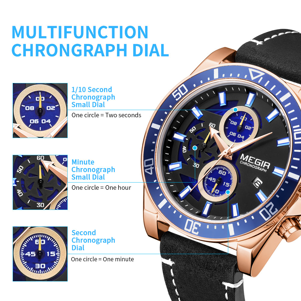 MEGIR Fashion Watches for Men Leather Strap Sport Military Wristwatch Man Quartz Watch Waterproof Chronograph with Calendar 2132-5