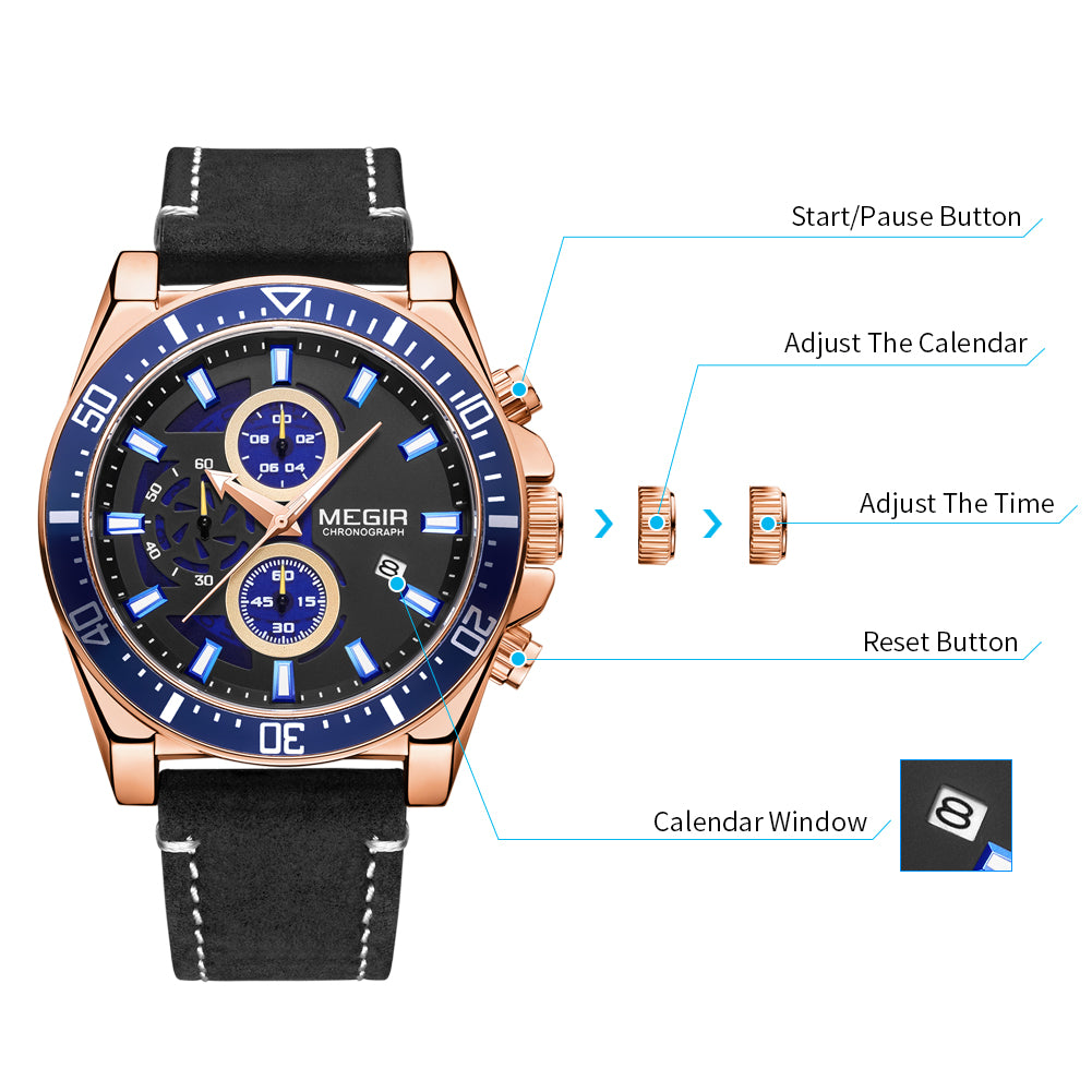 MEGIR Fashion Watches for Men Leather Strap Sport Military Wristwatch Man Quartz Watch Waterproof Chronograph with Calendar 2132-6