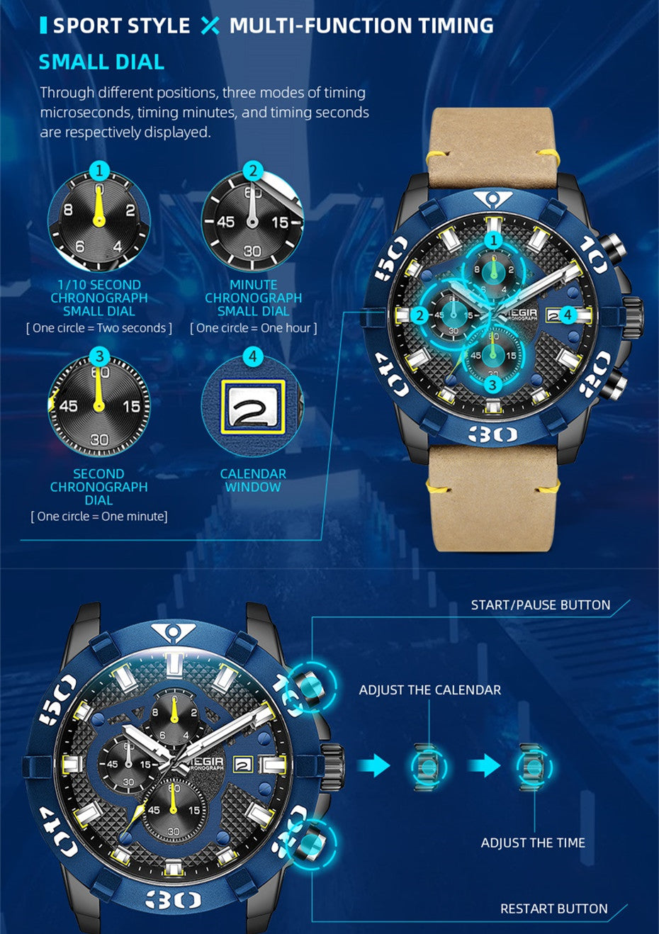 MEGIR Men Watches Fashion Luxury Big Dial Sports Watches Waterproof Quartz Wristwatch Chronograph Man Casual Luminous Clock 2136-10