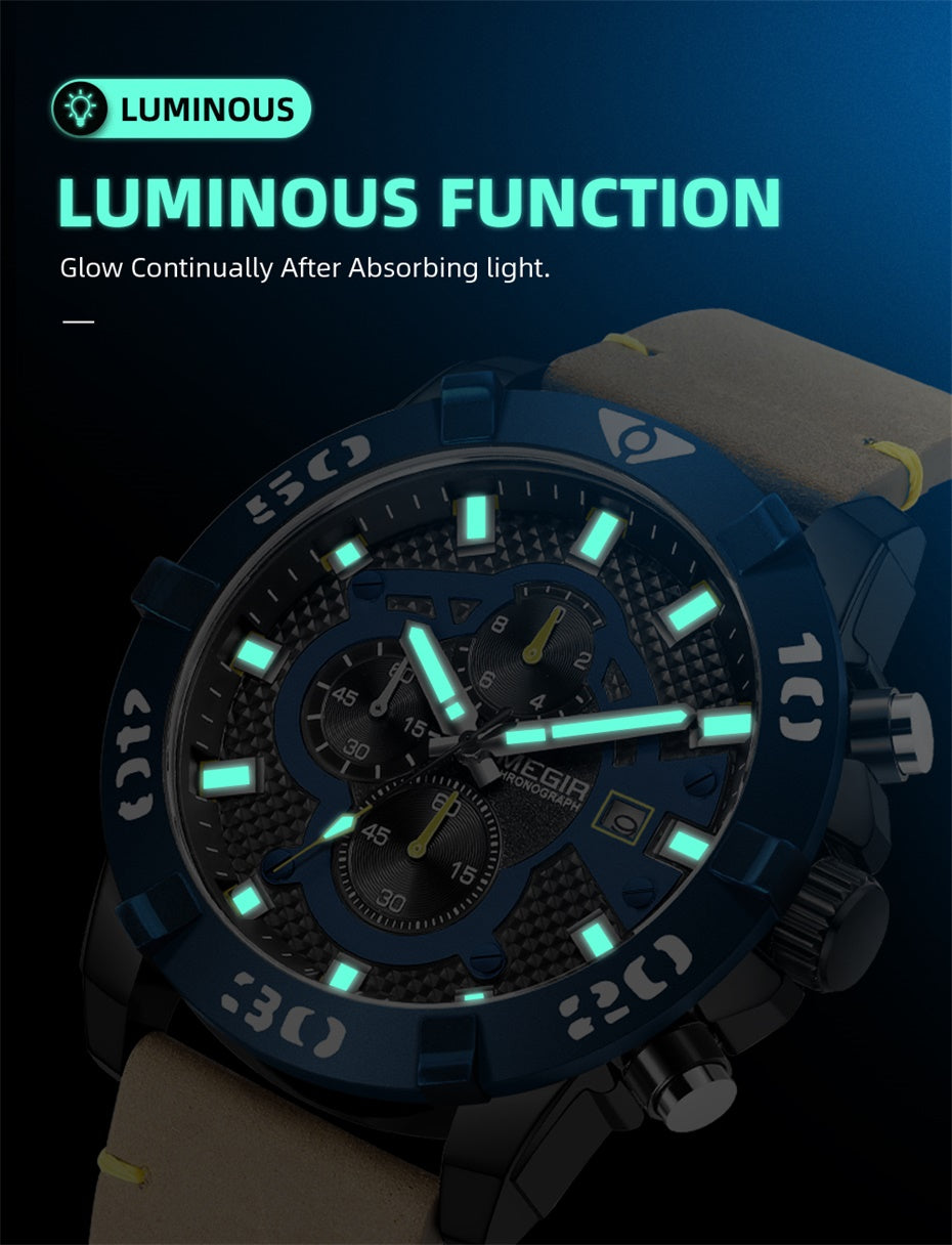 MEGIR Men Watches Fashion Luxury Big Dial Sports Watches Waterproof Quartz Wristwatch Chronograph Man Casual Luminous Clock 2136-11