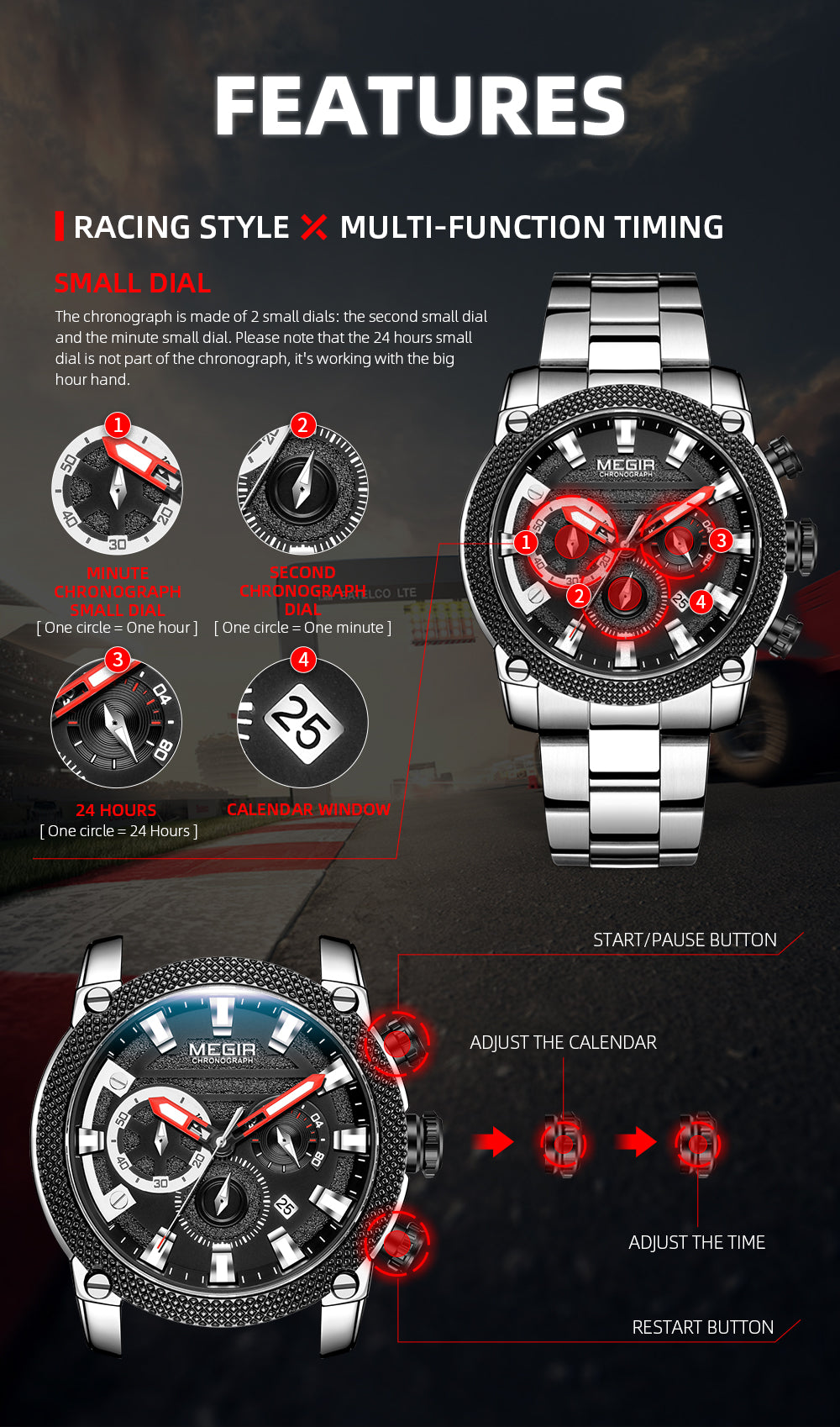 MEGIR Mens Watches Top Brand Luxury Business Wristwatch Waterproof Calendar Quartz Casual Clock Stainless Steel Man Chronograph-5