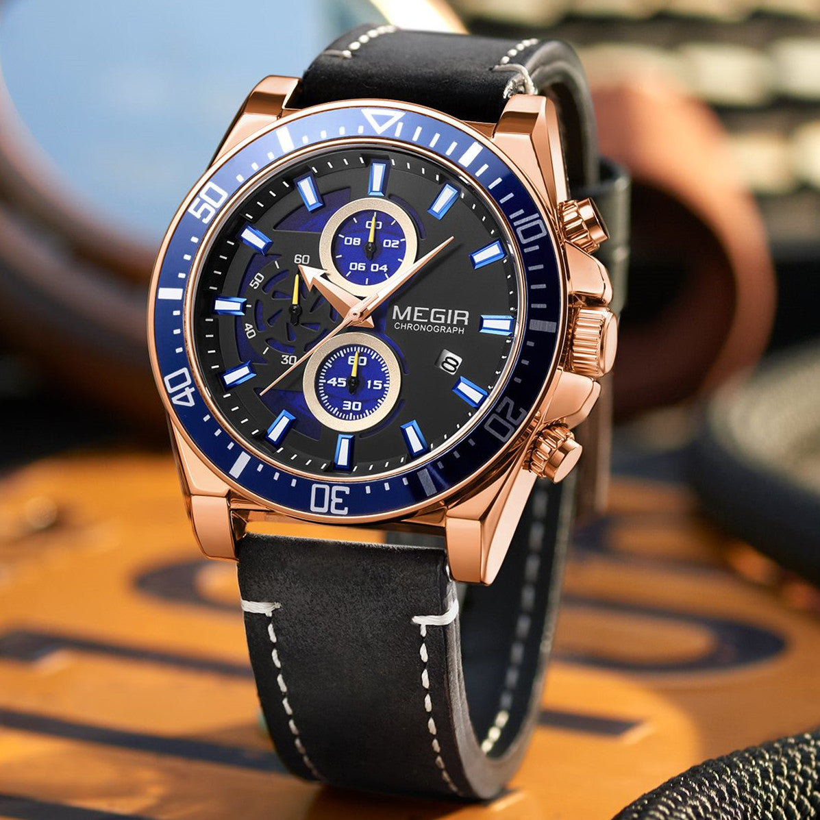 MEGIR Fashion Watches for Men Leather Strap Sport Military Wristwatch Man Quartz Watch Waterproof Chronograph with Calendar 2132-9