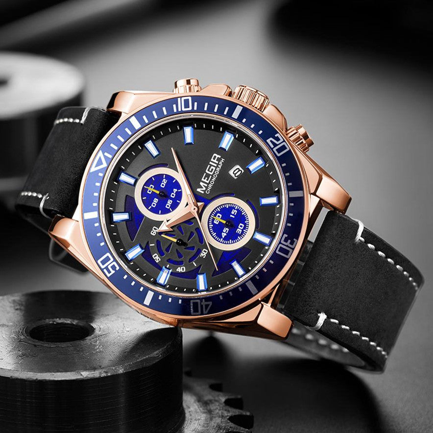 MEGIR Fashion Watches for Men Leather Strap Sport Military Wristwatch Man Quartz Watch Waterproof Chronograph with Calendar 2132-10