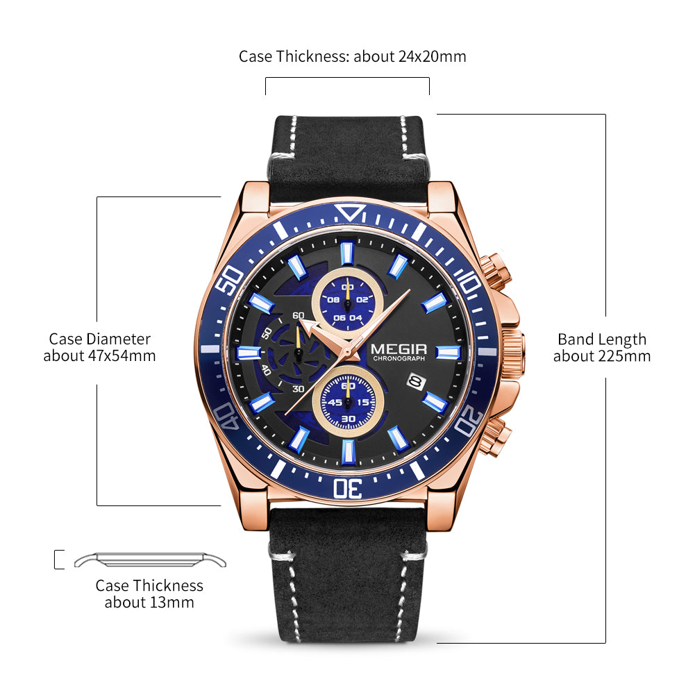 MEGIR Fashion Watches for Men Leather Strap Sport Military Wristwatch Man Quartz Watch Waterproof Chronograph with Calendar 2132-7