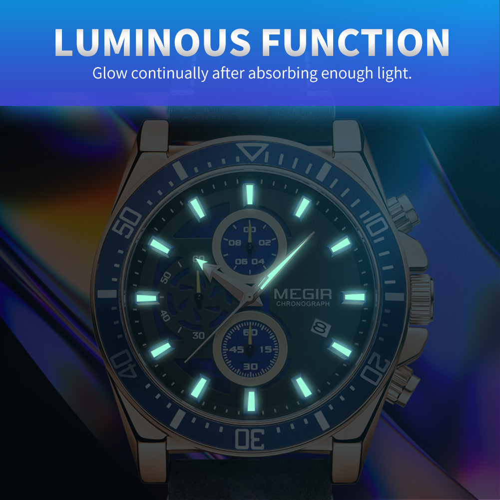 MEGIR Fashion Watches for Men Leather Strap Sport Military Wristwatch Man Quartz Watch Waterproof Chronograph with Calendar 2132-8