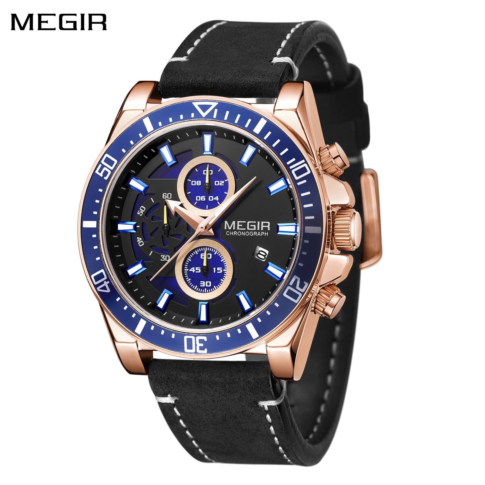 MEGIR Fashion Watches for Men Leather Strap Sport Military Wristwatch Man Quartz Watch Waterproof Chronograph with Calendar 2132-0