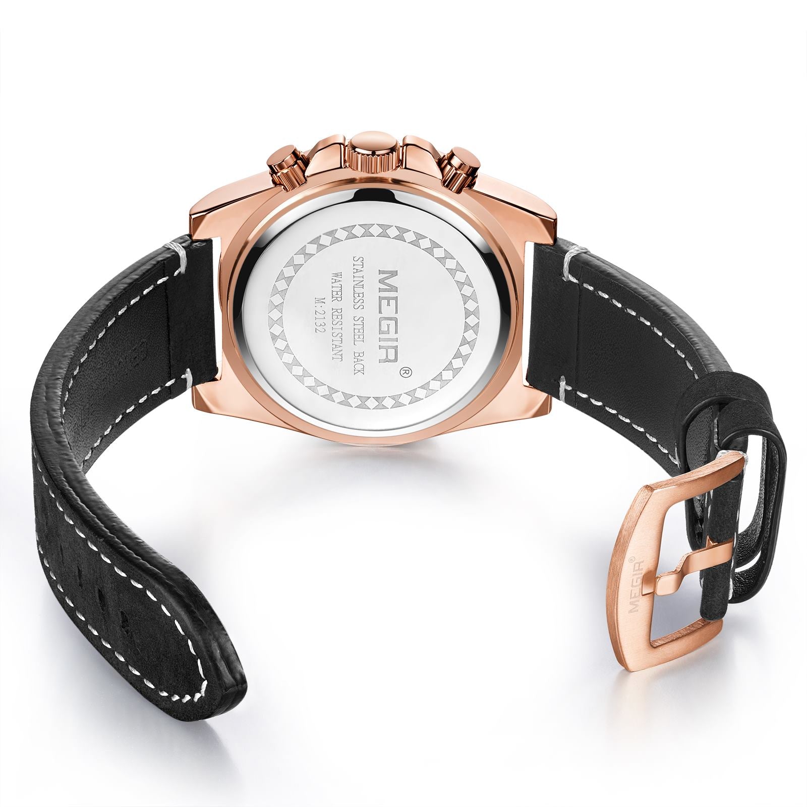 MEGIR Fashion Watches for Men Leather Strap Sport Military Wristwatch Man Quartz Watch Waterproof Chronograph with Calendar 2132-14