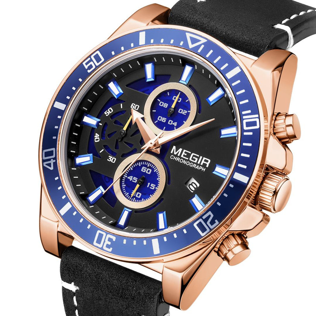 MEGIR Fashion Watches for Men Leather Strap Sport Military Wristwatch Man Quartz Watch Waterproof Chronograph with Calendar 2132-4