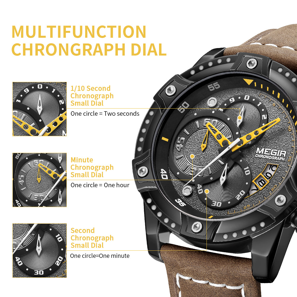 MEGIR Men Watches Luxury Brand Quartz Wristwatch Waterproof Leather Military Sport Watch Casual Clock Chronograph Reloj Hombre-9