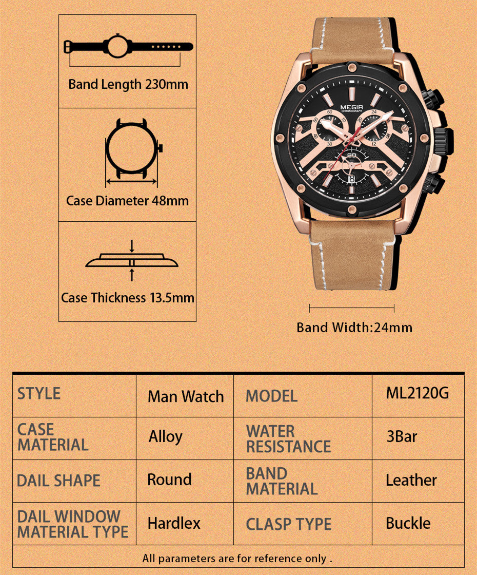 MEGIR Luxury Watch Men Military Sports Watches Leather Quartz Casual Chronograph Man WristWatch? Waterproof Date Clock 2120-8