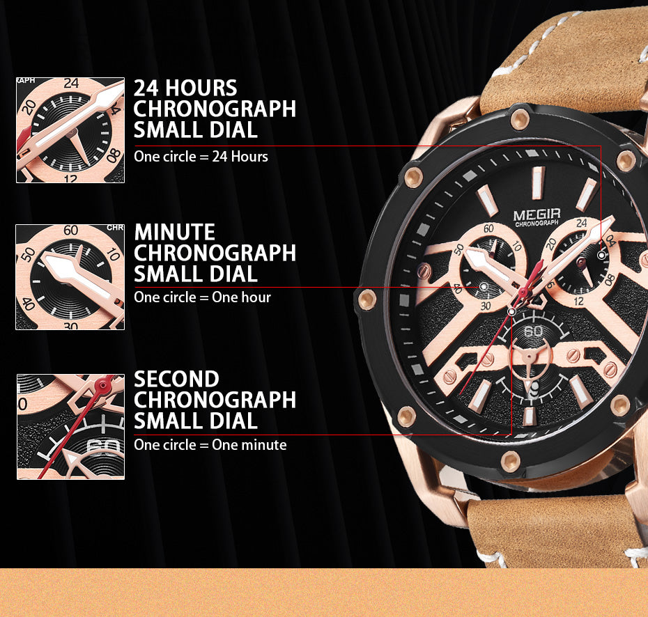 MEGIR Luxury Watch Men Military Sports Watches Leather Quartz Casual Chronograph Man WristWatch? Waterproof Date Clock 2120-10