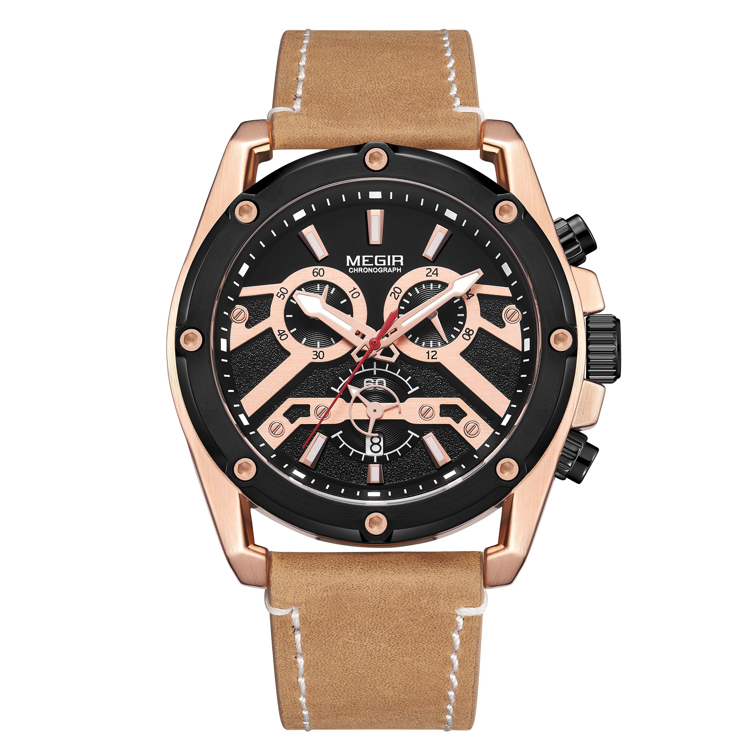 MEGIR Luxury Watch Men Military Sports Watches Leather Quartz Casual Chronograph Man WristWatch? Waterproof Date Clock 2120-6