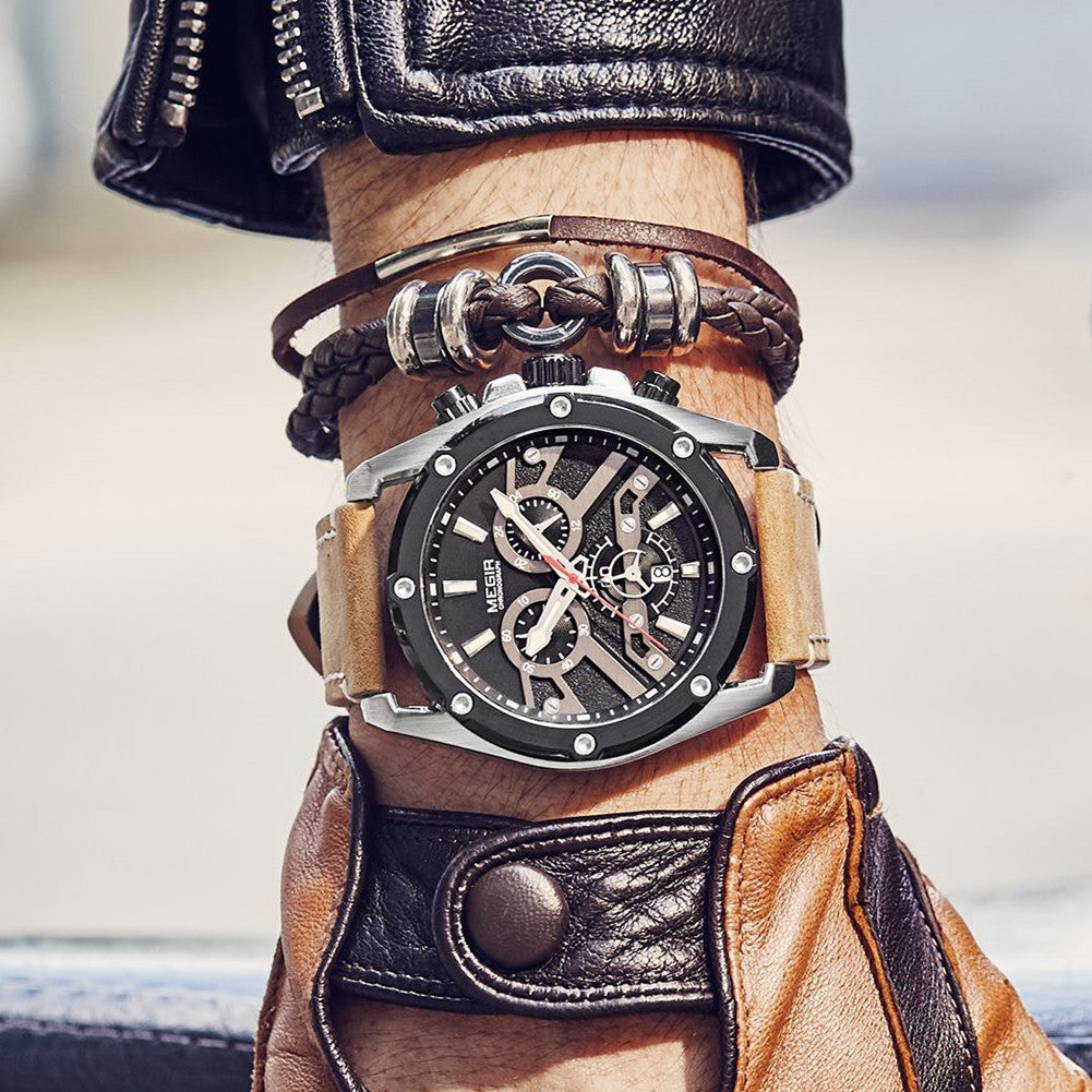 MEGIR Luxury Watch Men Military Sports Watches Leather Quartz Casual Chronograph Man WristWatch? Waterproof Date Clock 2120-3