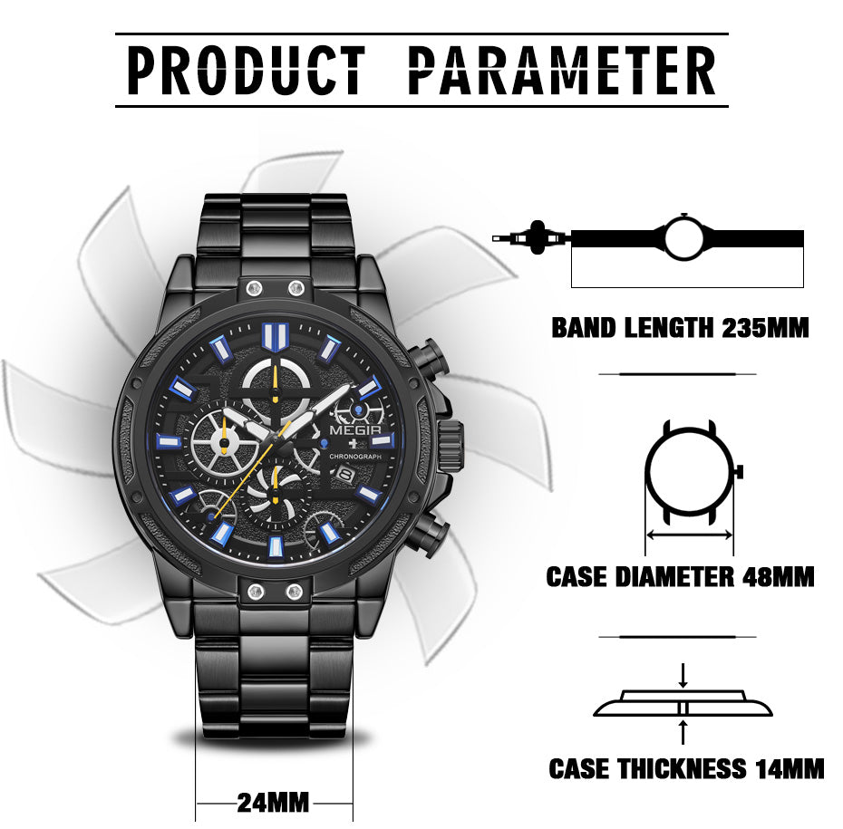 MEGIR Luxury Business Quartz Watches for Mens Stainless Steel Strap Men Casual Wristwatches Waterproof Man Clock Chronograph-6
