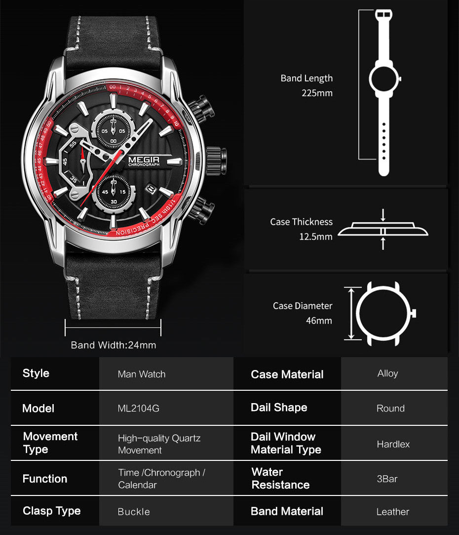 MEGIR Fashion Mens Watches Waterproof Luminous Sports Wrist Watch Man Leather Chronograph Quartz Wristwatch Reloj Hombre 2104-5