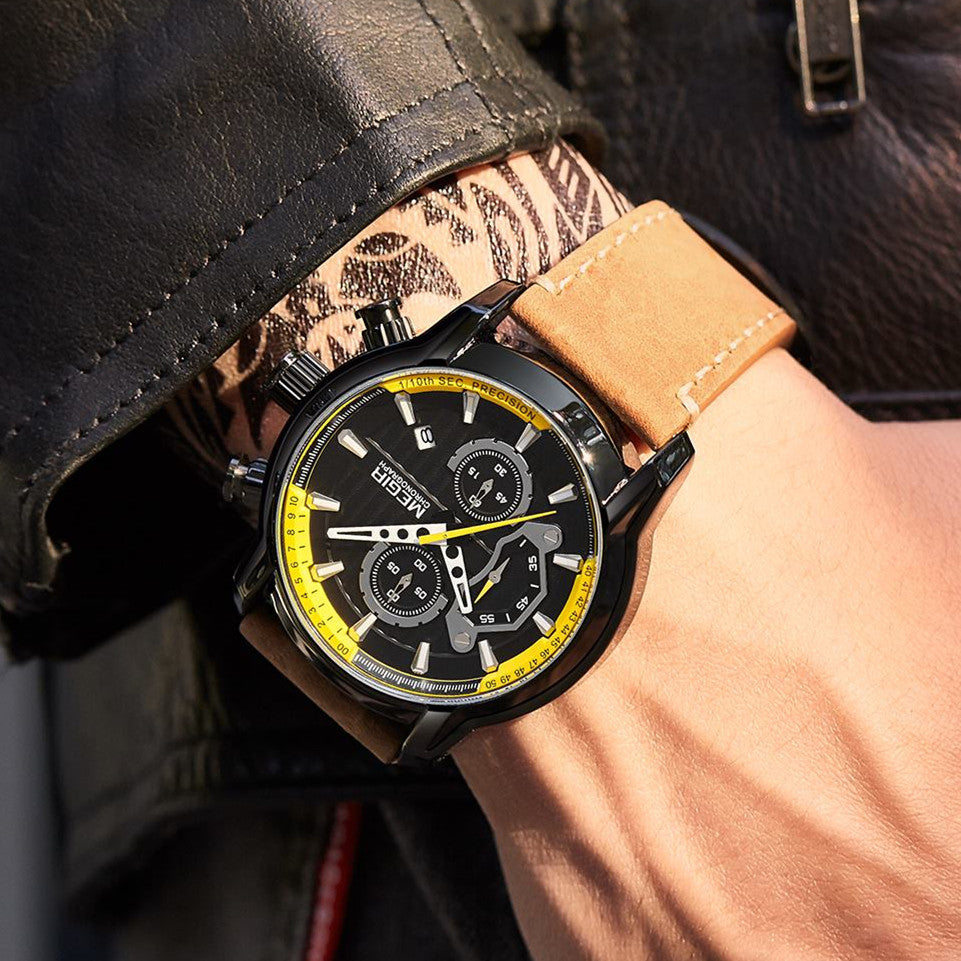 MEGIR Fashion Mens Watches Waterproof Luminous Sports Wrist Watch Man Leather Chronograph Quartz Wristwatch Reloj Hombre 2104-4